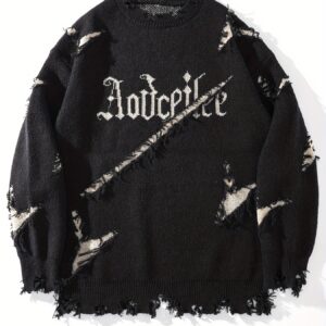 Pull Oversize Noir Effet "Destroy" à Lettrage Gothique