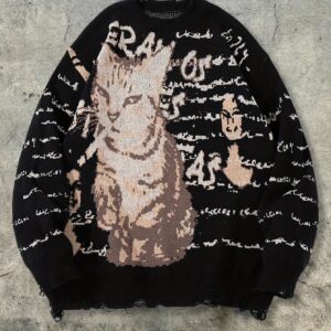 Pull Oversize Noir Motif Chat "Street Rétro"